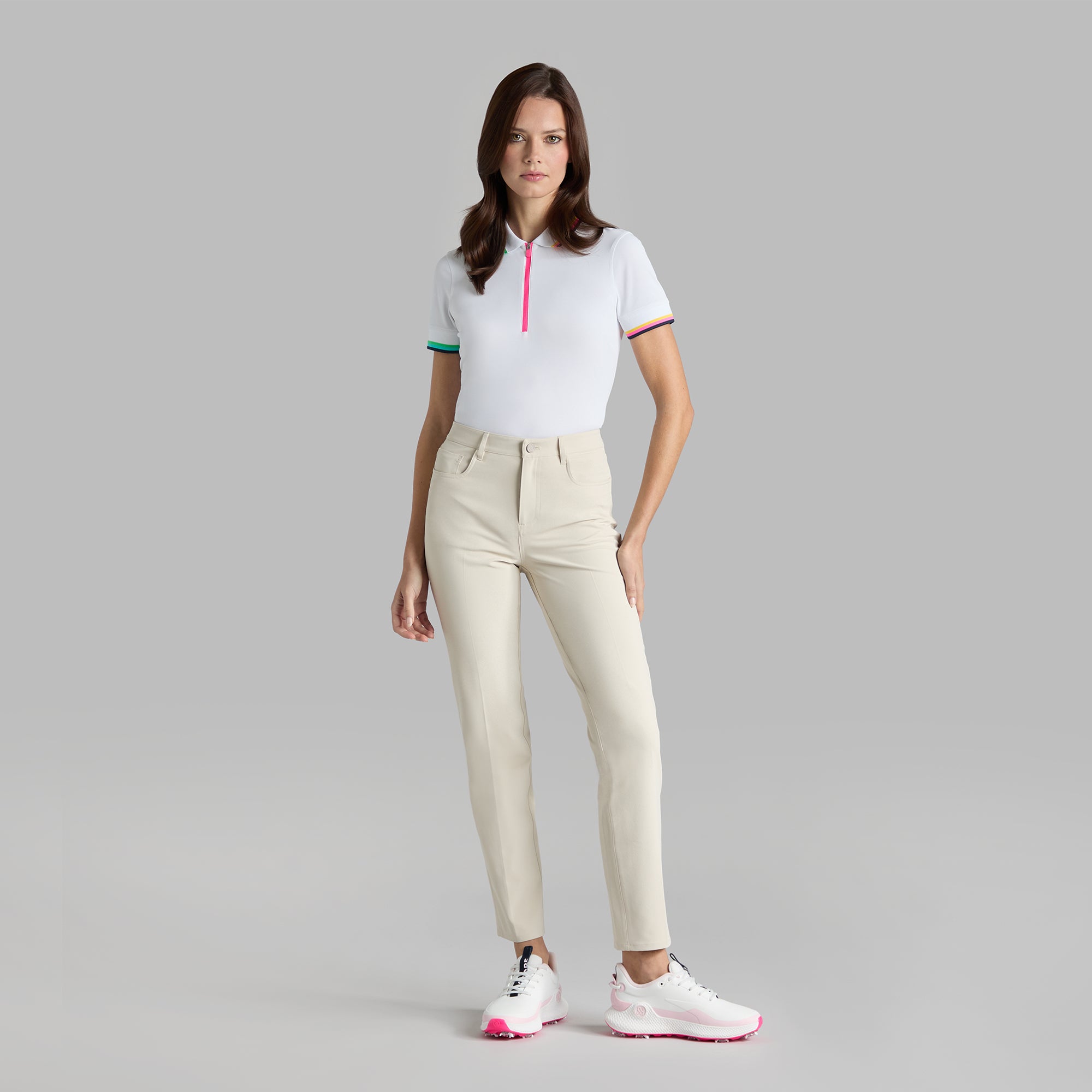 G/FORE Tech Pique Ladies Golf Polo Shirt Snow/Acid Lime